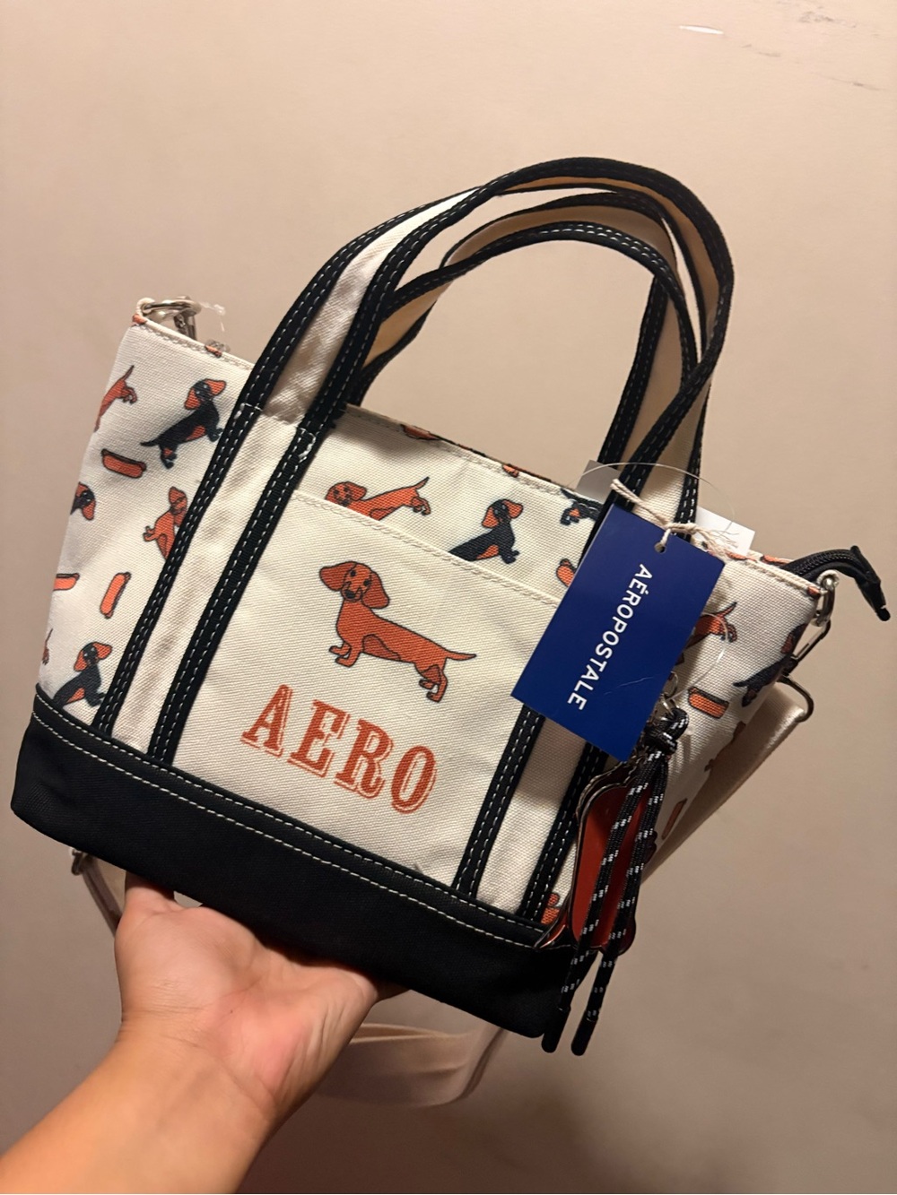 Aeropostale White & Black Mini Tote with Orange Dachshund Print